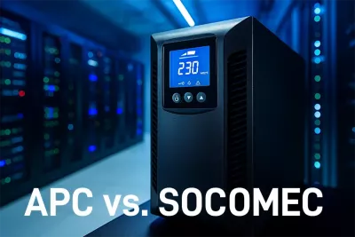 Eyecatcher-Bild eines modernen USV-Geräts mit digitaler Spannungsanzeige in einem beleuchteten Rechenzentrum – Symbolbild für den Vergleich USV APC vs. Socomec